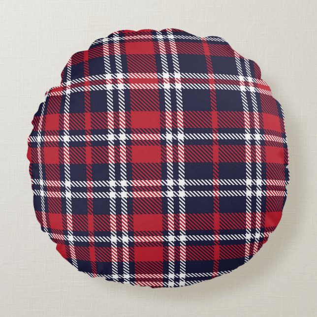 Red Navy Asymmetric Plaid Texture Round Pillow (Front)