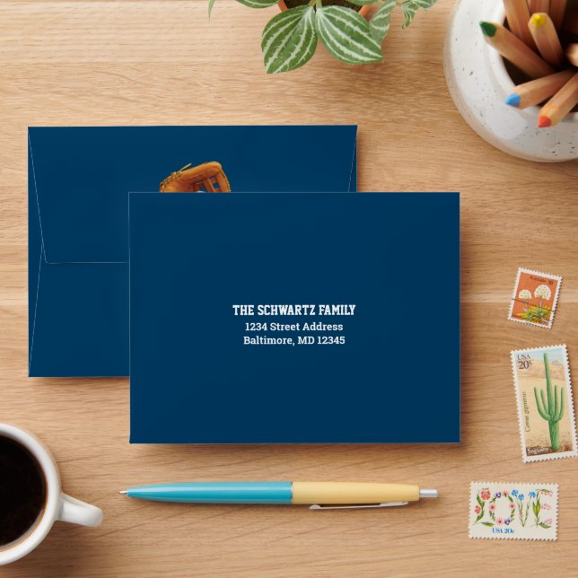 Red, Navy Baseball, Glove Bar Mitzvah RSVP Envelope (Desk)