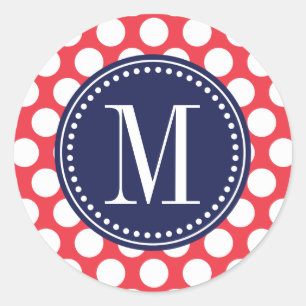 Red & Navy Big Polka Dots Monogrammed Classic Round Sticker