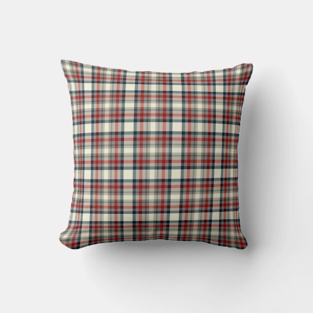 Red, Navy Blue and Grey Plaid Pattern Throw Pillow (Front)