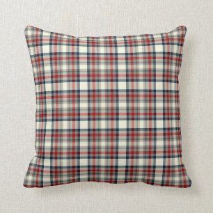 Red, Navy Blue and Grey Plaid Pattern Throw Pillow