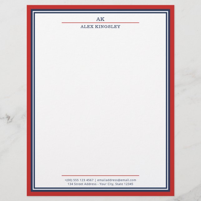 Red Navy Blue Border Monogram Name Address Letterhead (Front)