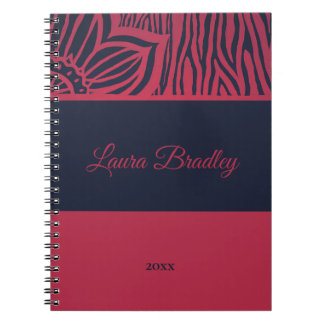 Red & Navy Blue Floral Zebra Linocut Name & Year Notebook