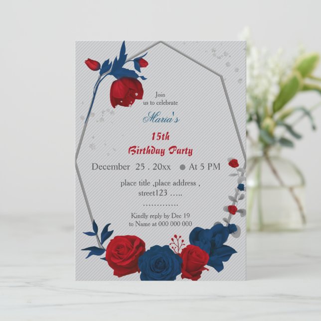 red & navy blue flowers geomertic birthday invitation (Standing Front)