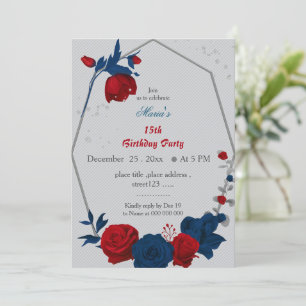 red & navy blue flowers geomertic birthday invitation