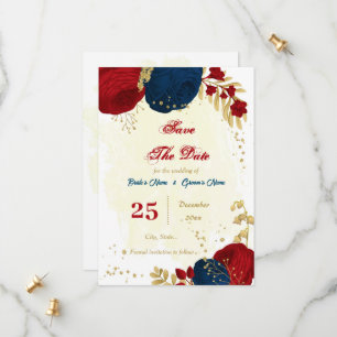 red & navy blue flowers gold leaves save the date