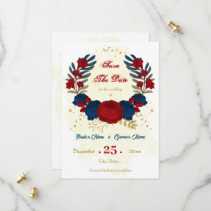 red & navy blue flowers gold leaves save the date
