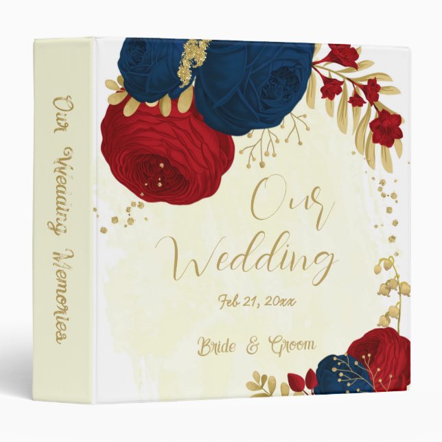 red & navy blue flowers gold leaves wedding album binder (Front/Spine)