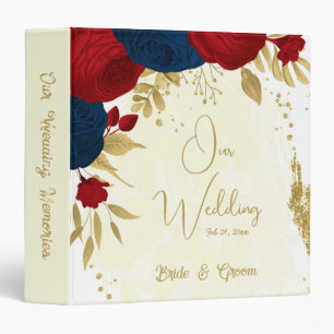 red & navy blue flowers gold leaves wedding album binder