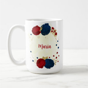red & navy blue flowers gold leaves wedding coffee mug