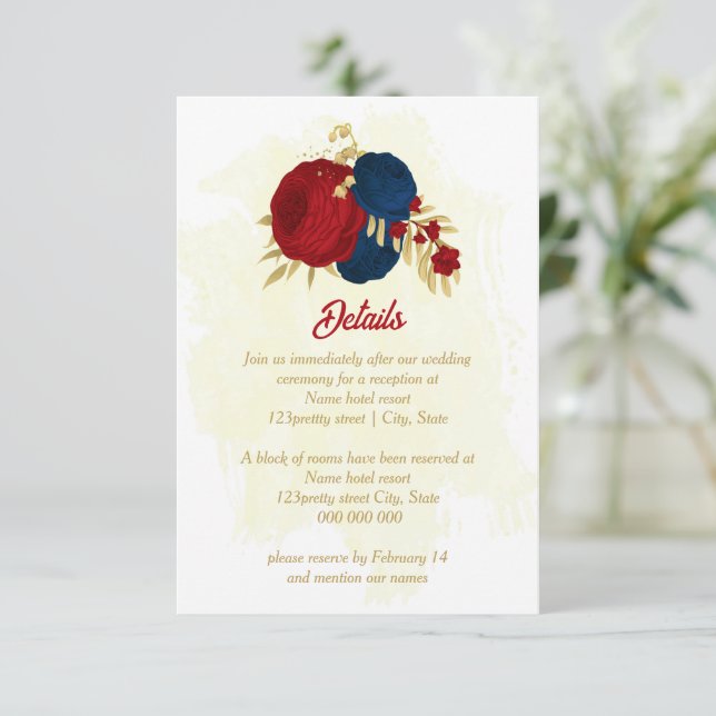red & navy blue flowers gold leaves wedding enclosure card (Standing Front)