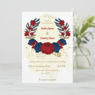 red & navy blue flowers gold leaves wedding invitation