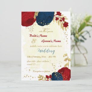 red & navy blue flowers gold leaves wedding invitation