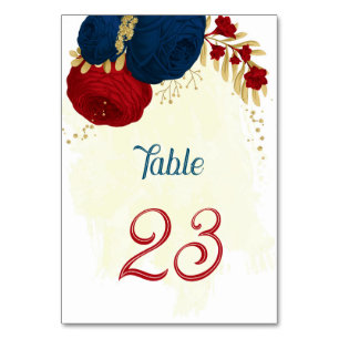 red & navy blue flowers gold leaves wedding table number