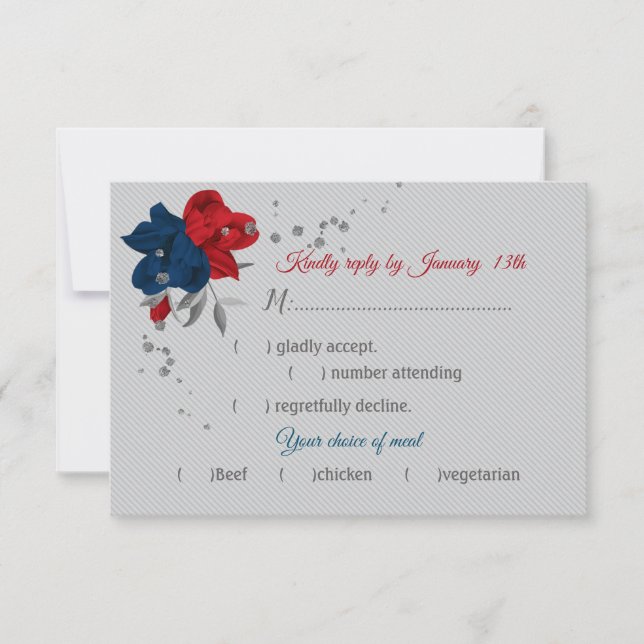 red & navy blue flowers meal choice botanical grey RSVP card (Front)