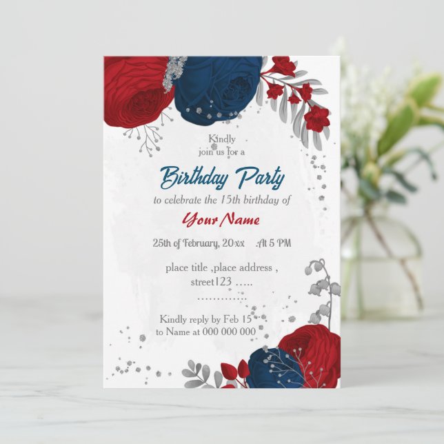 red & navy blue flowers silver birthday party  invitation (Standing Front)