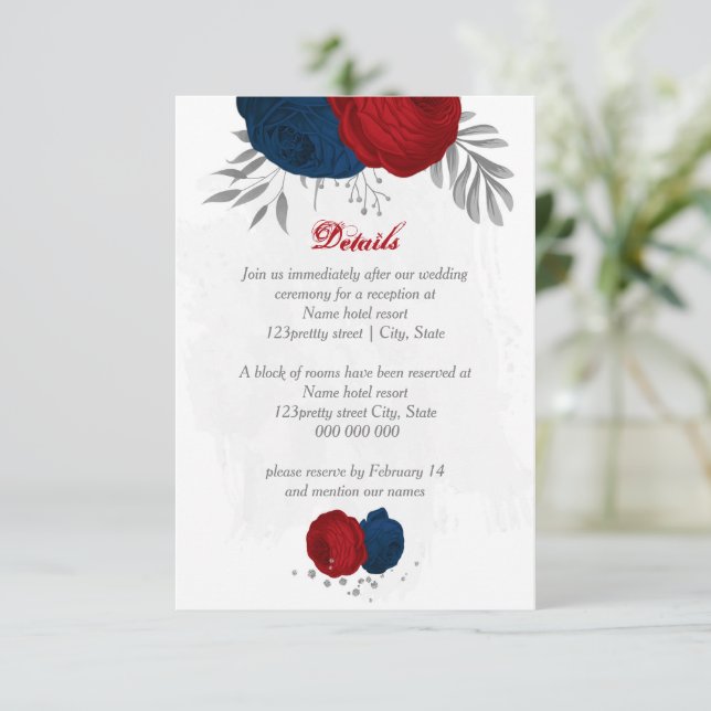 red & navy blue flowers silver botanical wedding enclosure card (Standing Front)