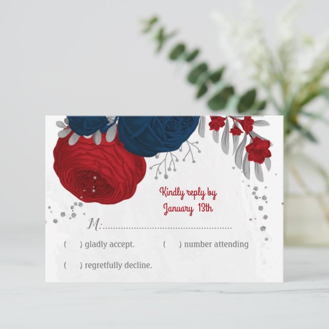red & navy blue flowers silver botanical wedding RSVP card (Standing Front)