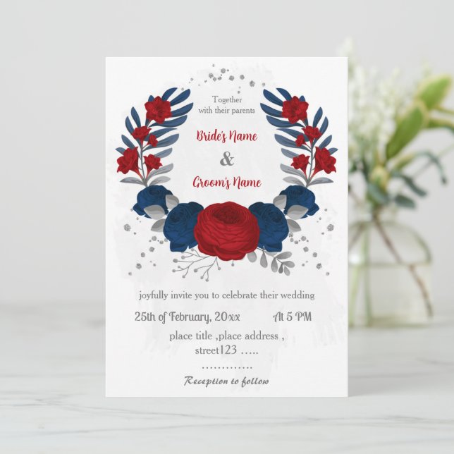 red & navy blue flowers silver leaves wedding invitation (Standing Front)