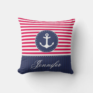 Red Navy Blue Nautical Anchor Design Custom Name Throw Pillow