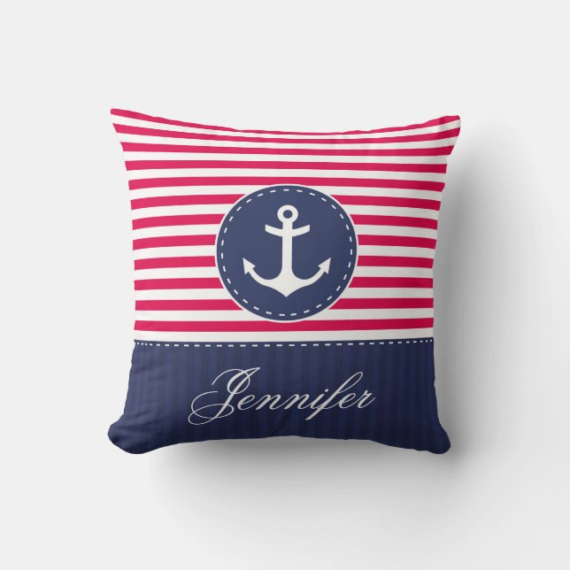 Red Navy Blue Nautical Anchor Design Custom Name Throw Pillow (Front)