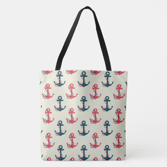 Red & Navy Blue Nautical Anchor Large Tote (Front)
