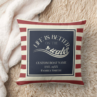 Red navy blue striped boat name  throw pillow