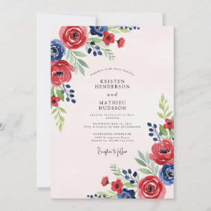 Red Navy Blue Watercolor Summer Wedding Invitation