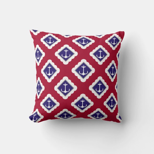 Red,  Navy Blue, White Anchors Nautical Pattern Throw Pillow (Front)