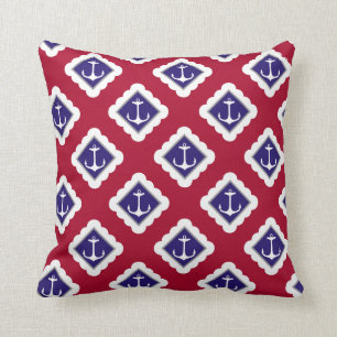 Red,  Navy Blue, White Anchors Nautical Pattern Throw Pillow