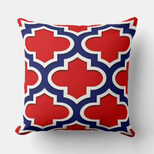 Red, Navy Blue, Wht Lg Moroccan Quatrefoil #3DS Throw Pillow