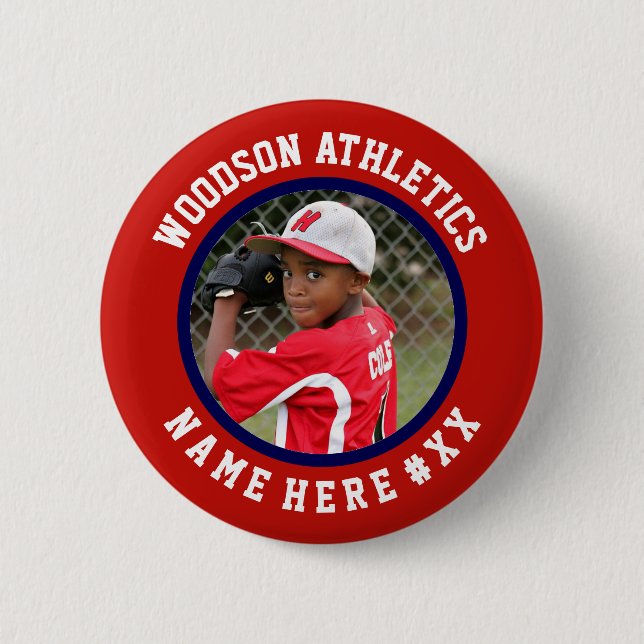Red & navy custom sports team pin / button (Front)