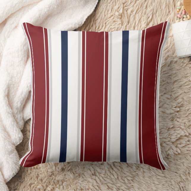 Red Navy Deep Grey White Vertical Stripes  | Throw Pillow (Blanket)