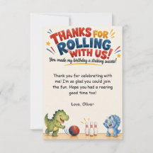 Red Navy Dinosaur Bowling Birthday Thank You Card