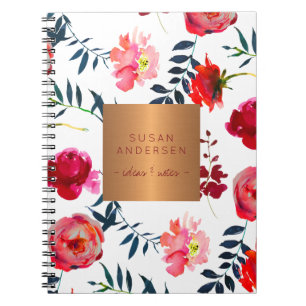 Red navy floral elegant rose gold copper metallic notebook