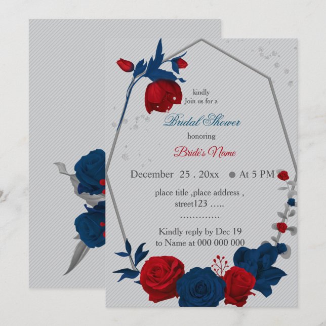 red & navy flowers geometric bridal shower invitation (Front/Back)