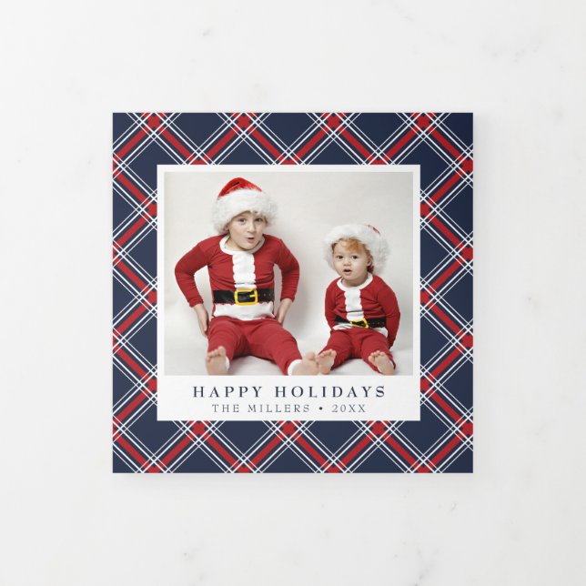 Red Navy Plaid Christmas Trifold Photo Card (Cover)