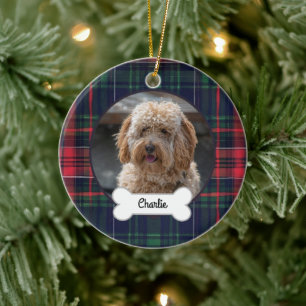 Red Navy Plaid Custom Pet Puppy Dog Photo Ceramic Ornament