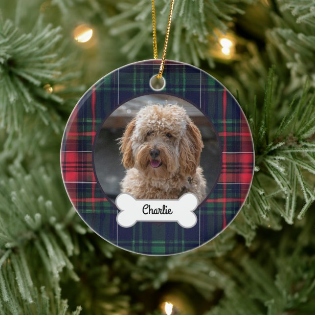 Red Navy Plaid Custom Pet Puppy Dog Photo Ceramic Ornament (Tree)
