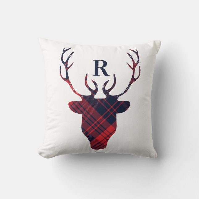 Red & Navy Plaid Reindeer Head Monogram Christmas Throw Pillow (Front)