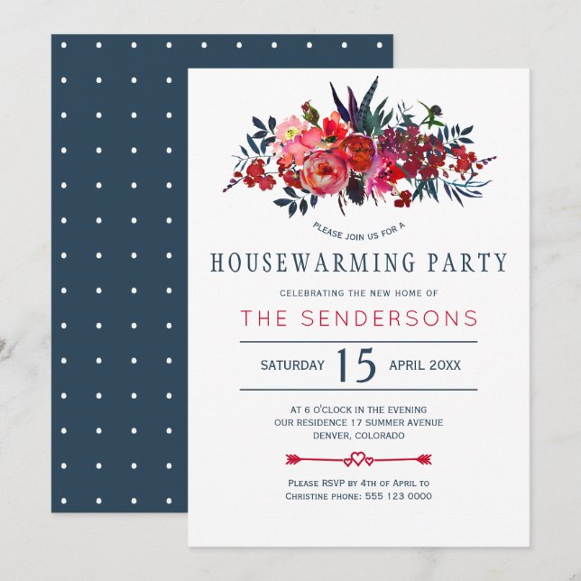 Red navy rustic boho floral housewarming party invitation (Front/Back)