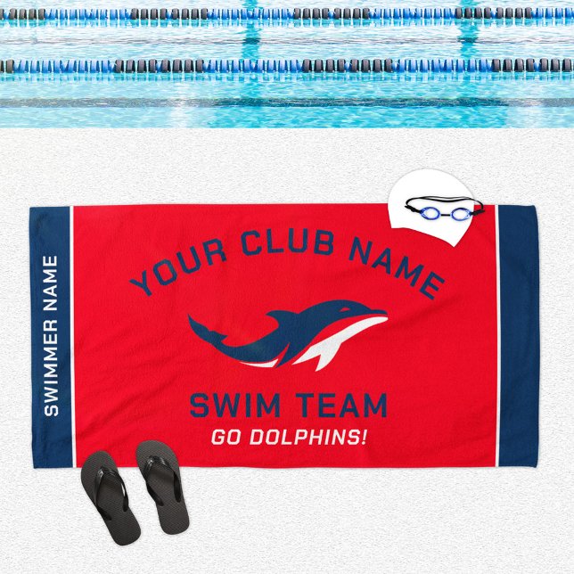 Red Navy Swim Team Custom Name Beach Towel (Creator Uploaded)