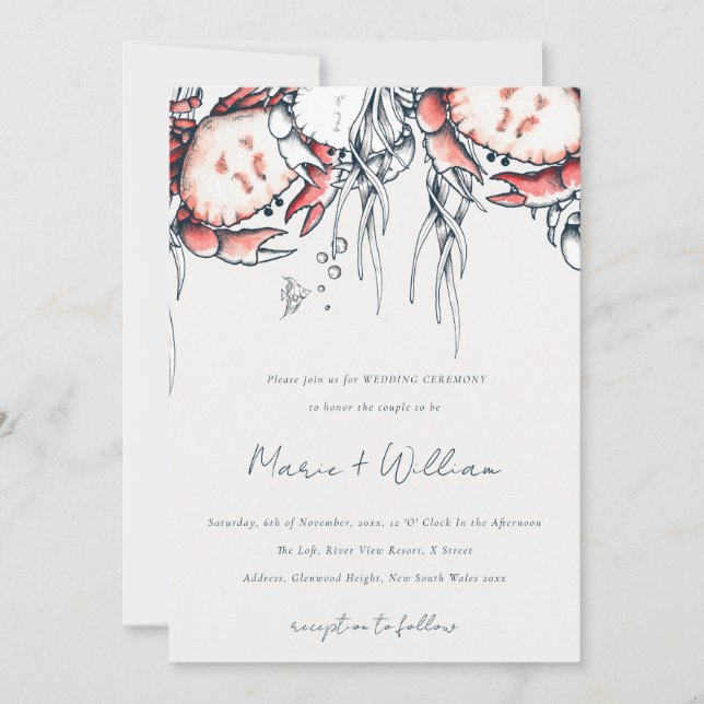 Red Navy Underwater Crab Coral Nautical Wedding Invitation (Front)