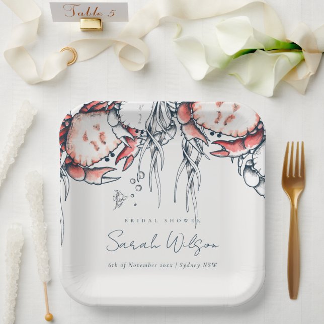 Red Navy Underwater Crab Nautical Bridal Shower Paper Plate (Wedding)