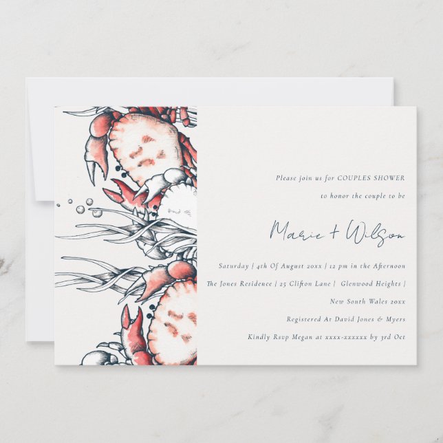 Red Navy Underwater Crab Nautical Couples Shower Invitation (Front)