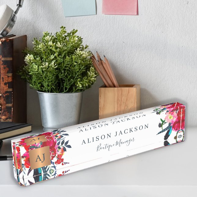 Red navy watercolor floral gold copper monogrammed nameplate (Creator Uploaded)