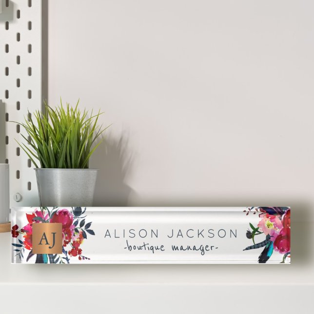 Red navy watercolor floral gold copper monogrammed nameplate (Creator Uploaded)