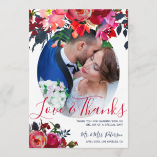 Red navy watercolor peony photo wedding thank you card