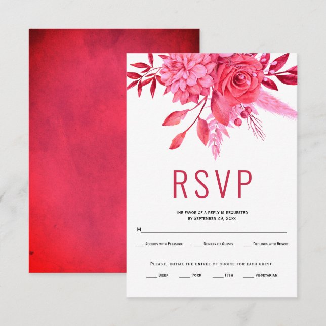 Red nd pink flowers and leaves wedding RSVP card (Front/Back)