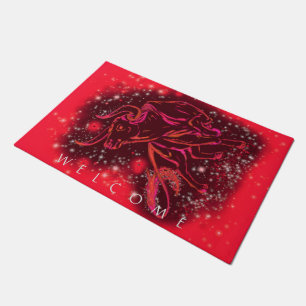 Red Neon Bull Running At Starry Night - Welcome Doormat